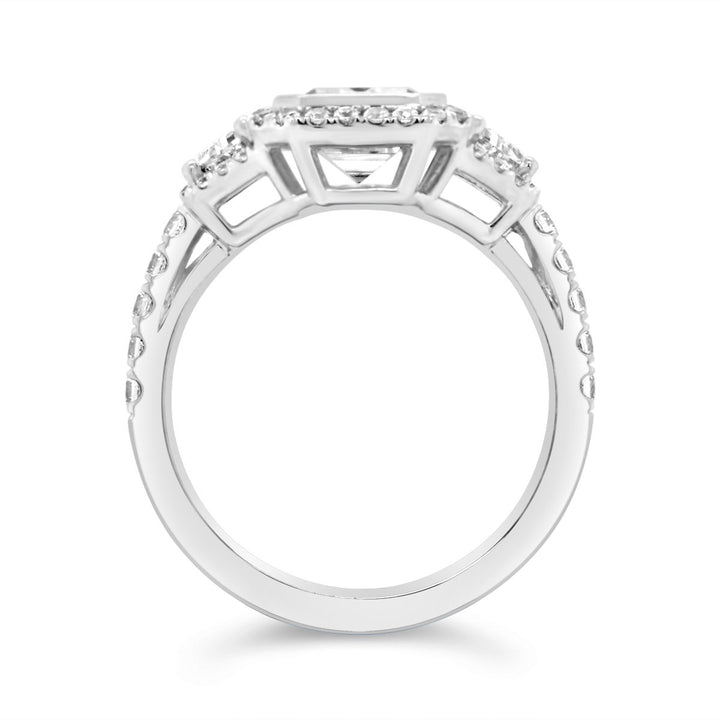 Three Stone Halo Diamond Engagement Ring