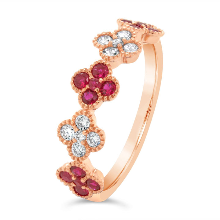 Rose Gold Diamond & Ruby Flower Band with Milgrain Details - RN5424P14R1