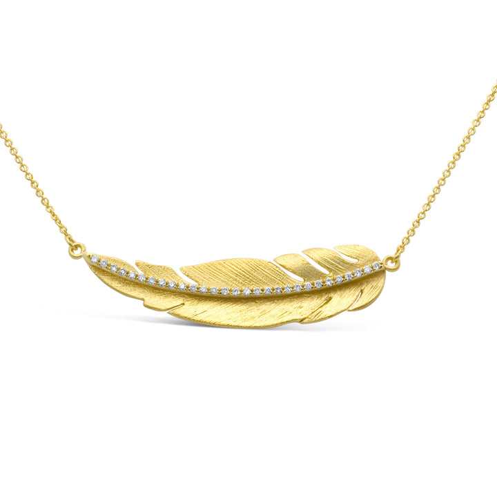 14K Yellow Gold Diamond Horizontal Feather Necklace - MDG5348