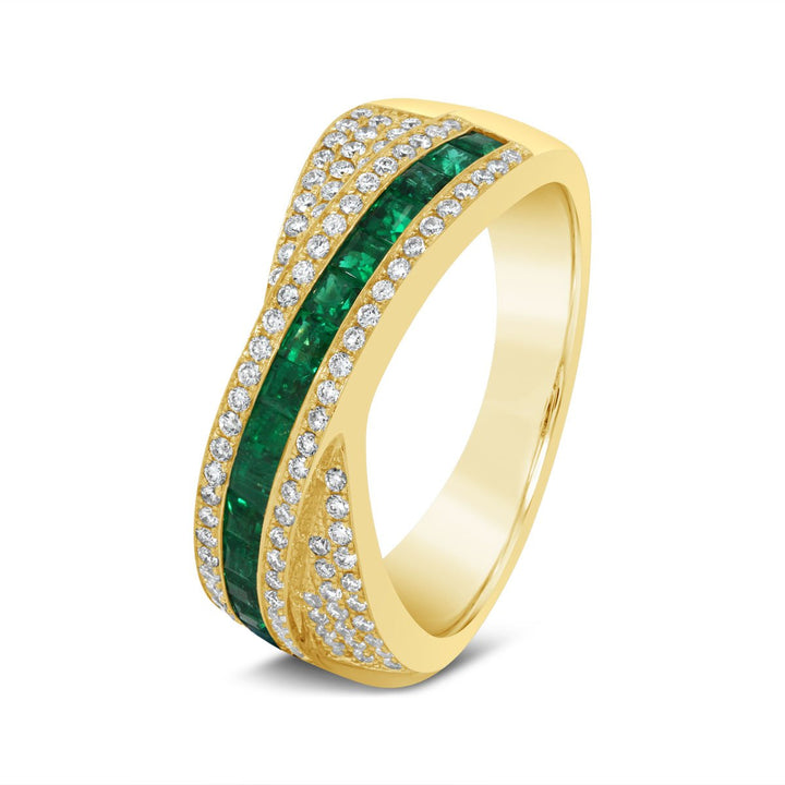 Emerald & Diamond Cross Over Right Hand Ring - RN1504Y