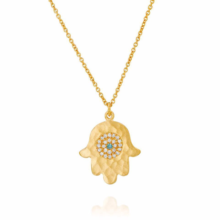 14K Yellow Gold Hammered Finshed Diamond Hamsa Necklace - MDG6282