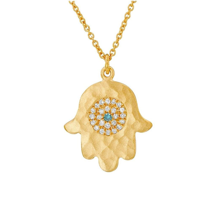 14K Yellow Gold Hammered Finshed Diamond Hamsa Necklace - MDG6282