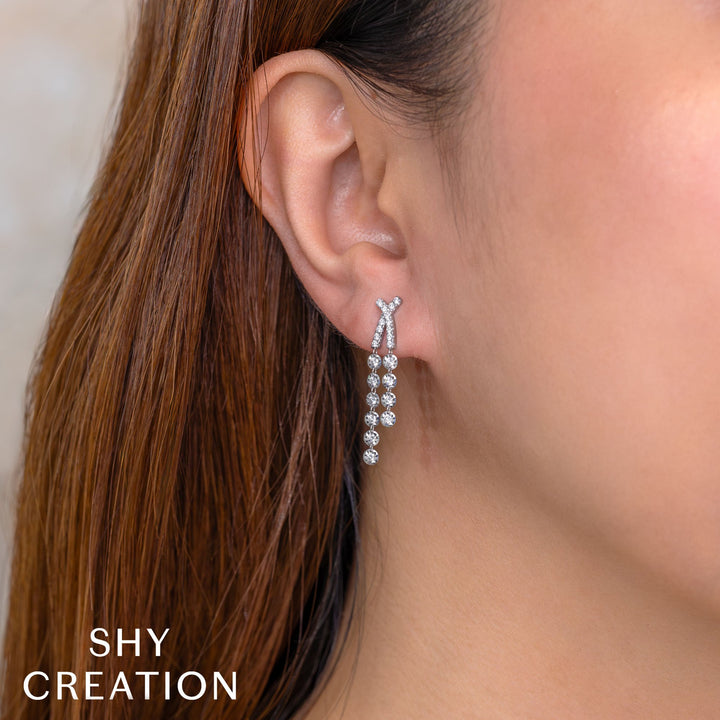 14K White Gold Shy Creation Diamond Dangle Earrings - SC55029043