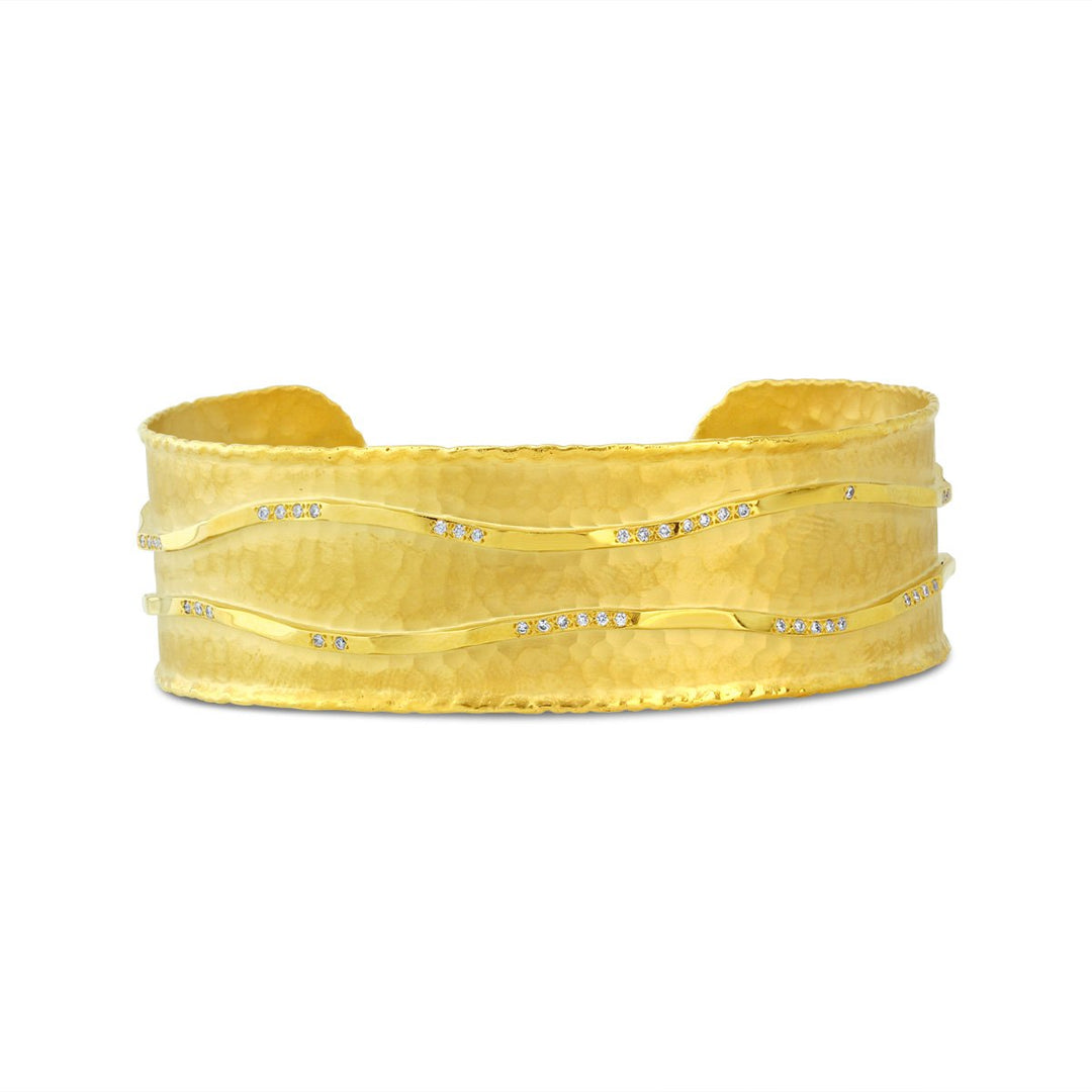 14K Yellow Gold Diamond Cuff Bangle with Hammered Finish - MDG8577