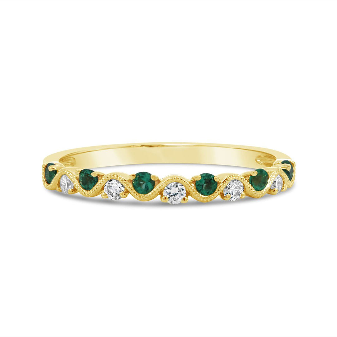 Wavy Milgrain Diamond & Emerald Band  - R22610EMA